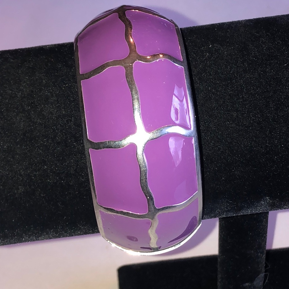 Purple Enamel Silver Tone Boho Hinge Bangle Bracelet